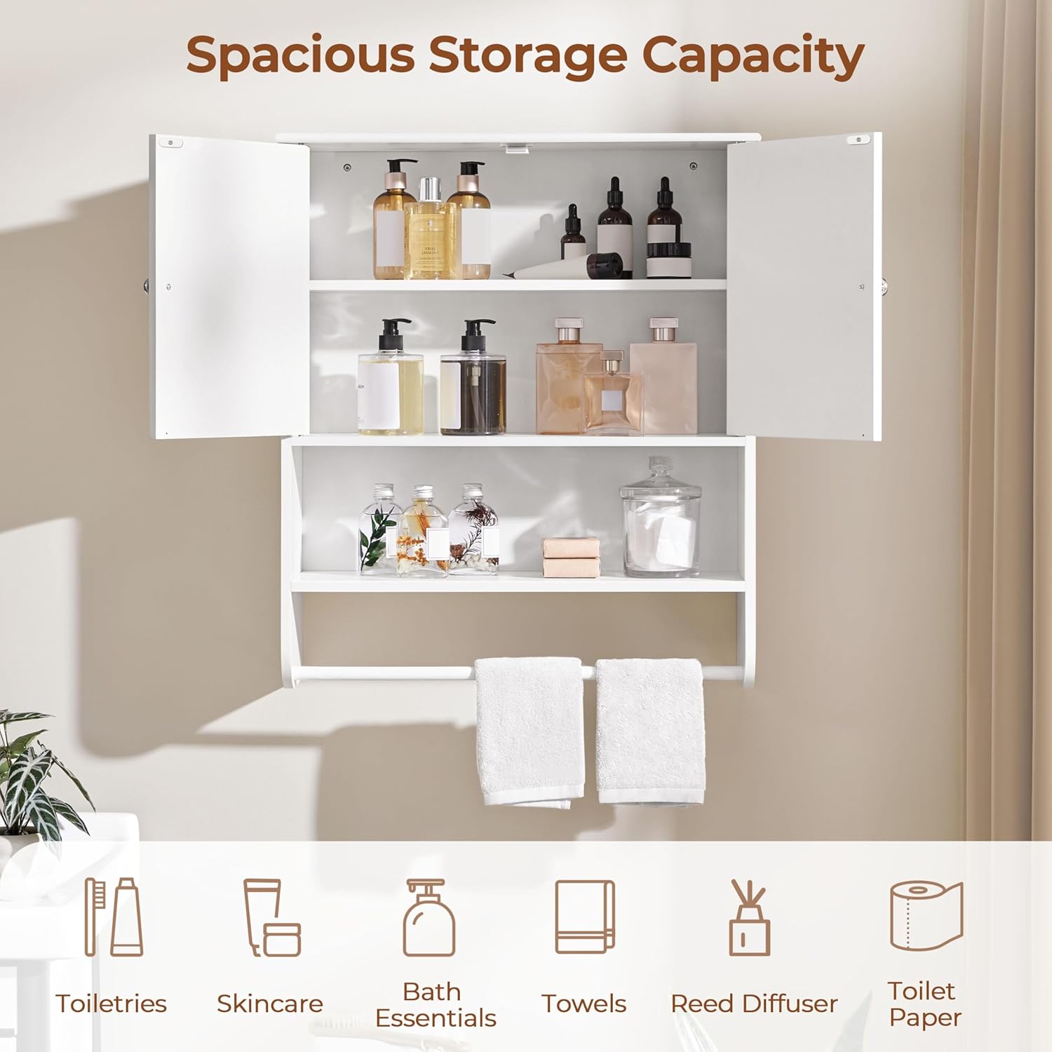 Yaheetech Bathroom Wall Cabinet, Over The Toilet Storage Cabinet with Adjustable Shelf, Hanging Storage Cupboard with 2 Doors, 24″ L × 8″ D × 28″ H, White
