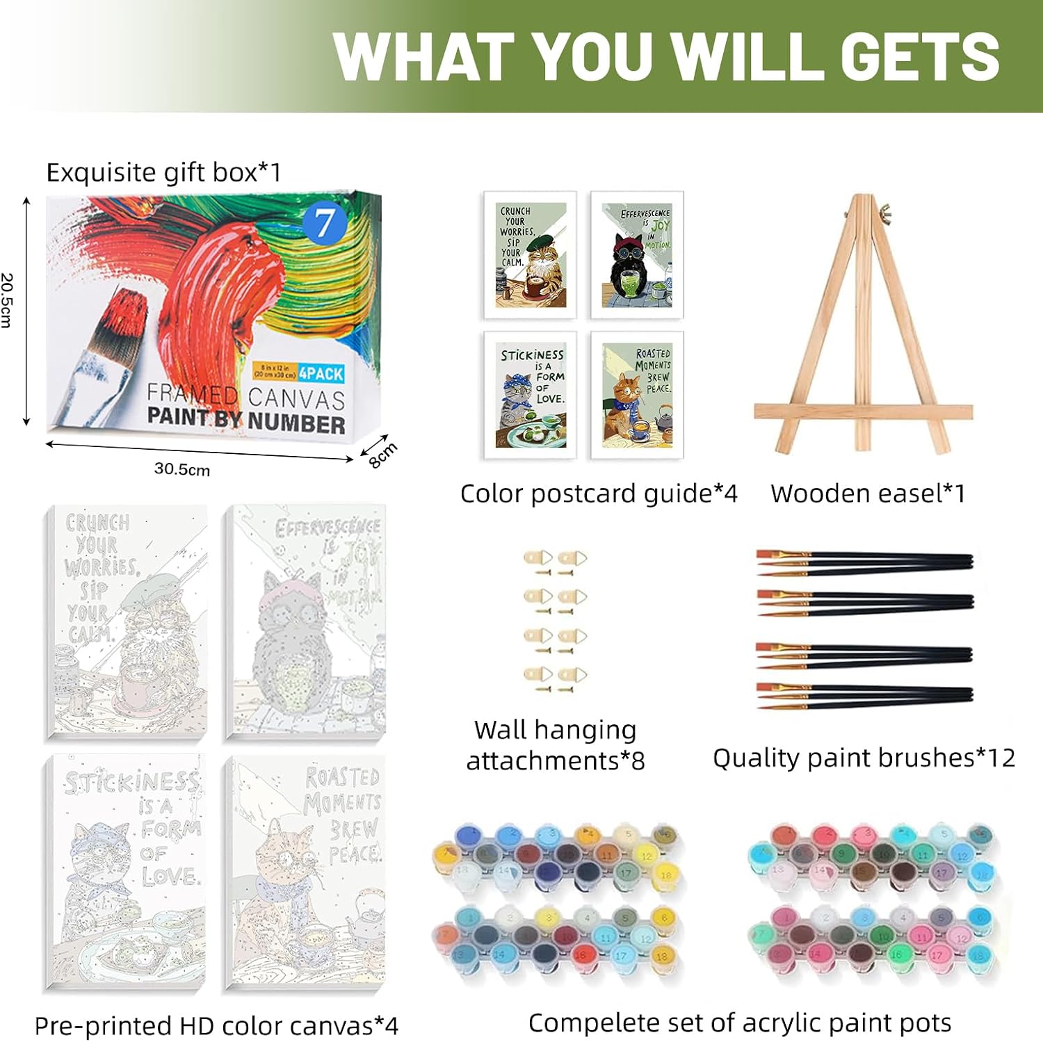 4 Pack Framed Paint by Numbers Kit for Adults Beginner with Wooden Easel, Funny Cat Easy Paint by Numbers with Frame, DIY Cute Animal Number Painting for Adults Canvas for Home Decor Gift 8x12 Inch