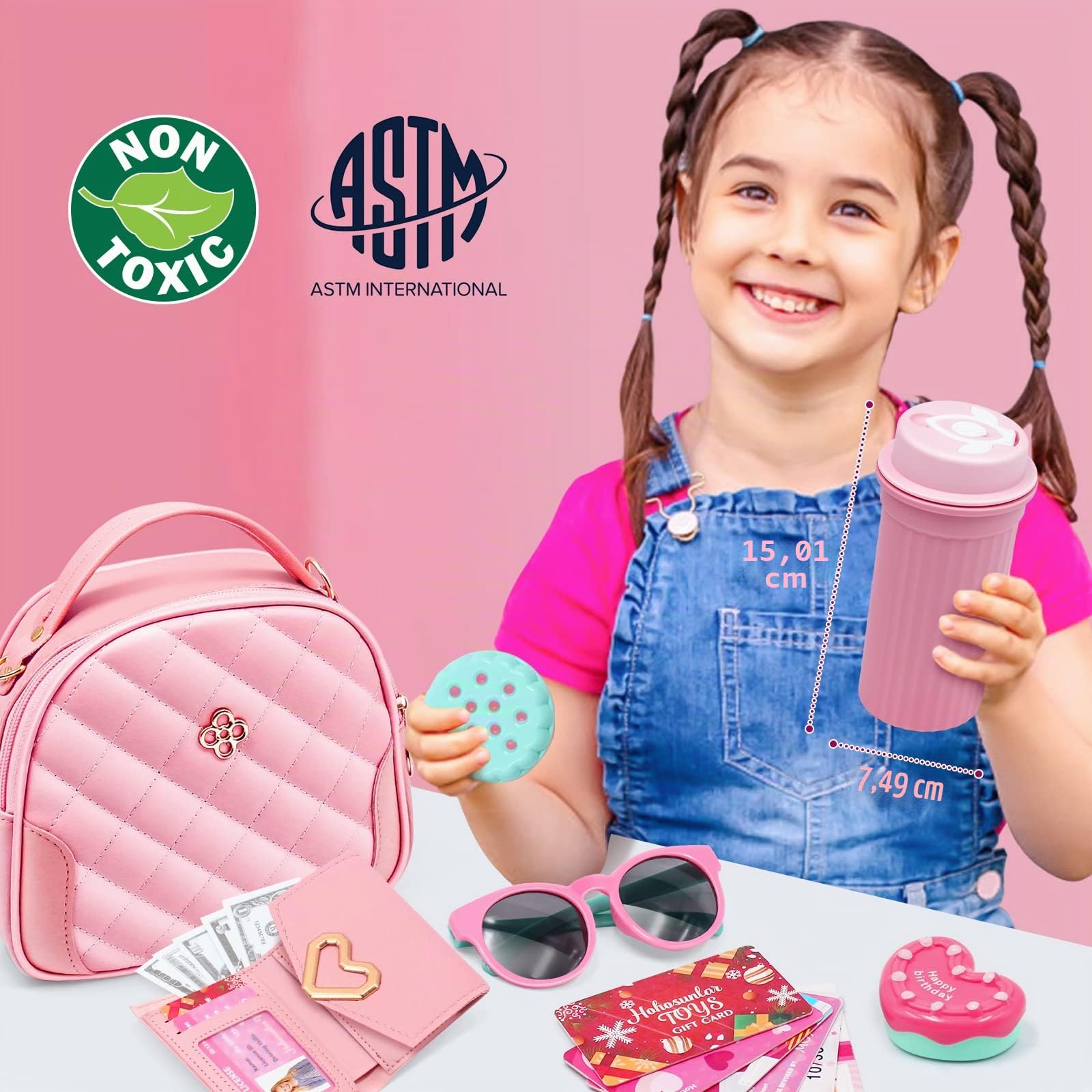 Borsetta per Bambina con Accessori Giocattolo, Trucchi Bambina, Telefono Giocattolo con Luce e Suono Portafoglio Carta di Credito Bottiglia d'acqua, Regali di Compleanno di Natale per Ragazze 3+ Anni