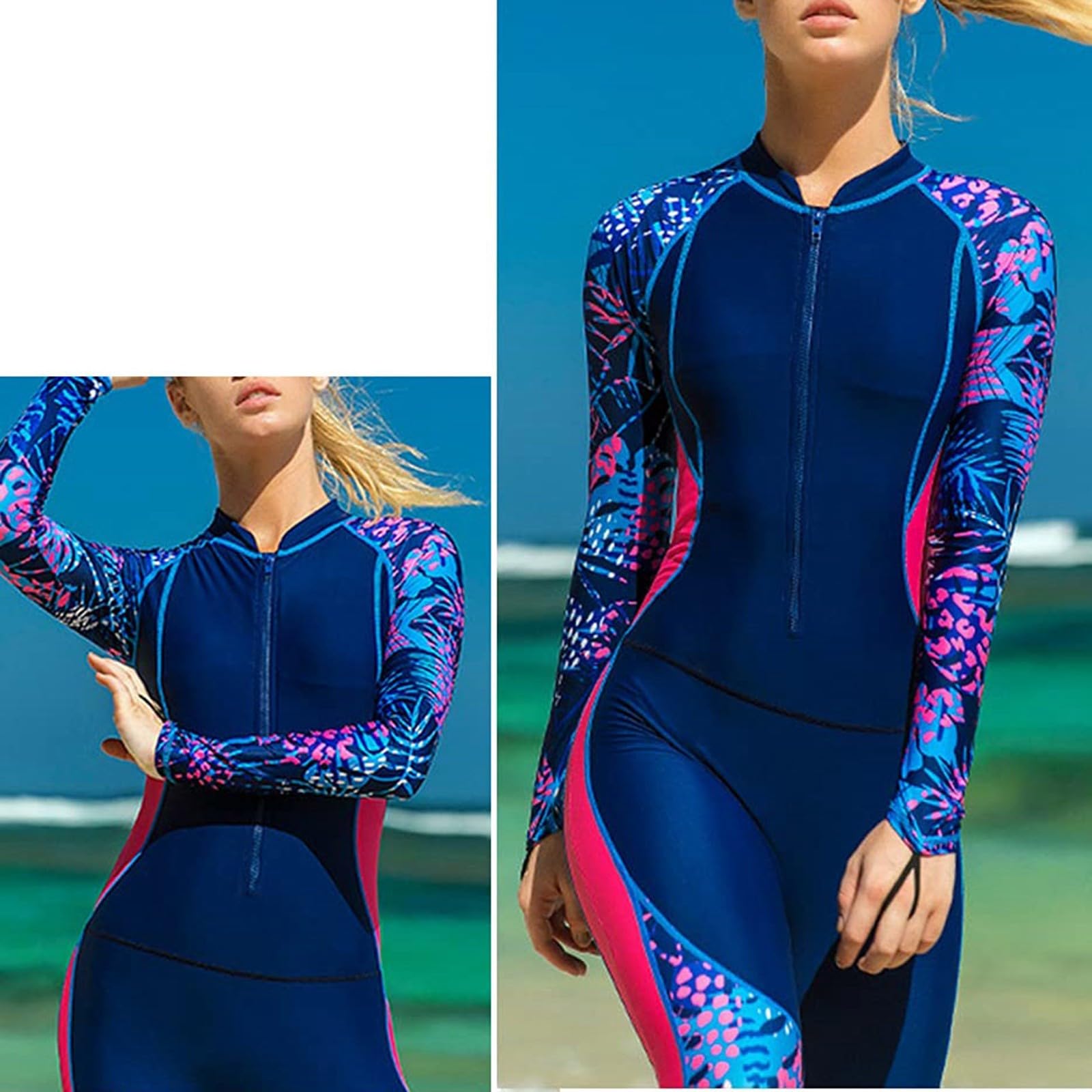 Badeanzug Langarm Damen Neoprenanzug Frauen Einteiliger Langarm Langbein Surfen Rash Guard Bademode Reißverschluss Front Tauchanzug Atmungsaktive Ganzkörper Surfen Schwimmen Anzug