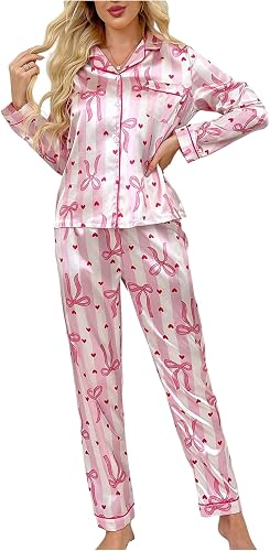 Verdusa Women's 2 Piece Bow Striped Satin Pajama Set Collared Button Down Shirts