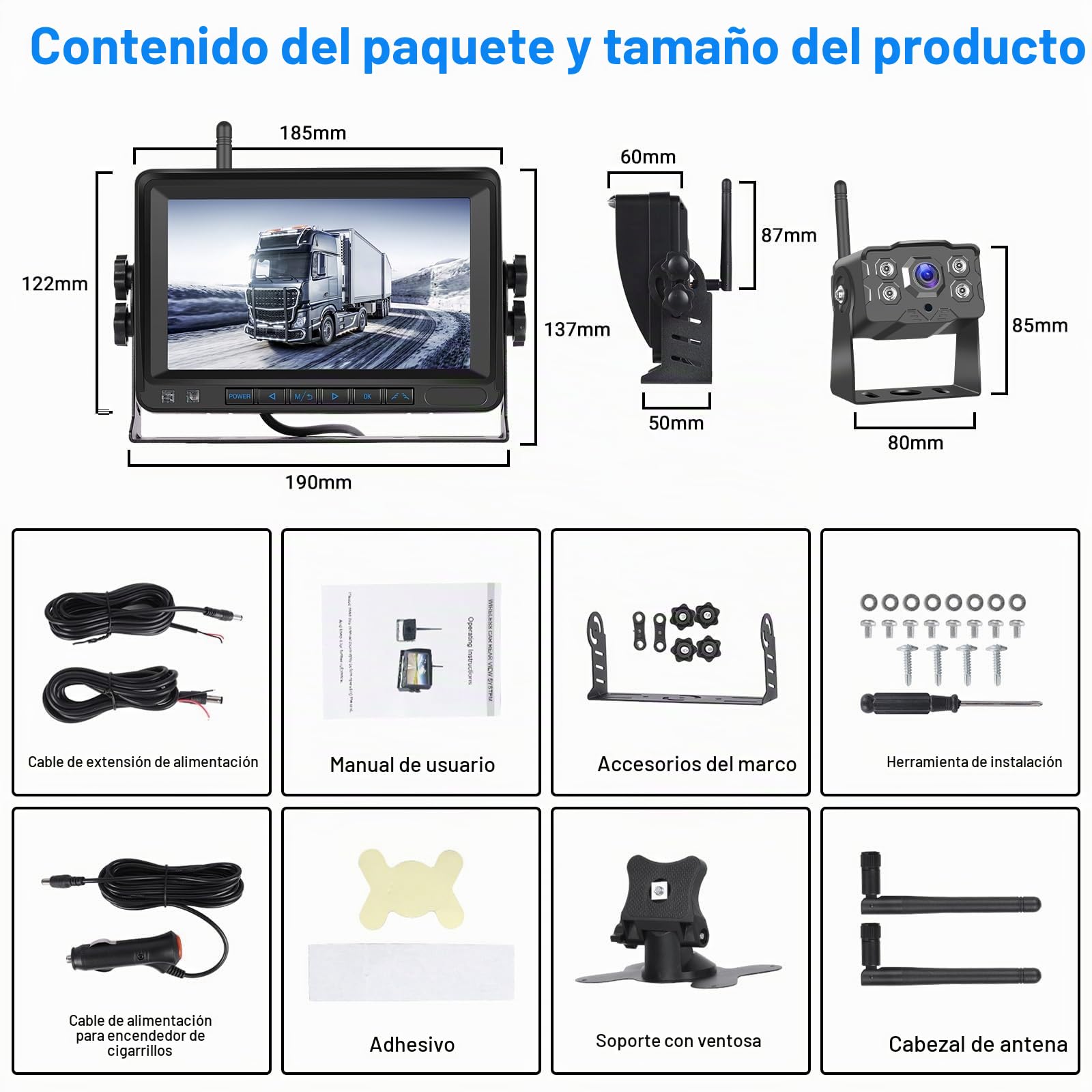 Hikity Cámara de Marcha Atrás Digital Inalámbrica 1080P Kit de Monitor 7'' | Cámara Trasera de Coche Monitor IPS Cámara de Aparcamiento IP68 Impermeable Visión Nocturna para SUV Camiones 12-36V
