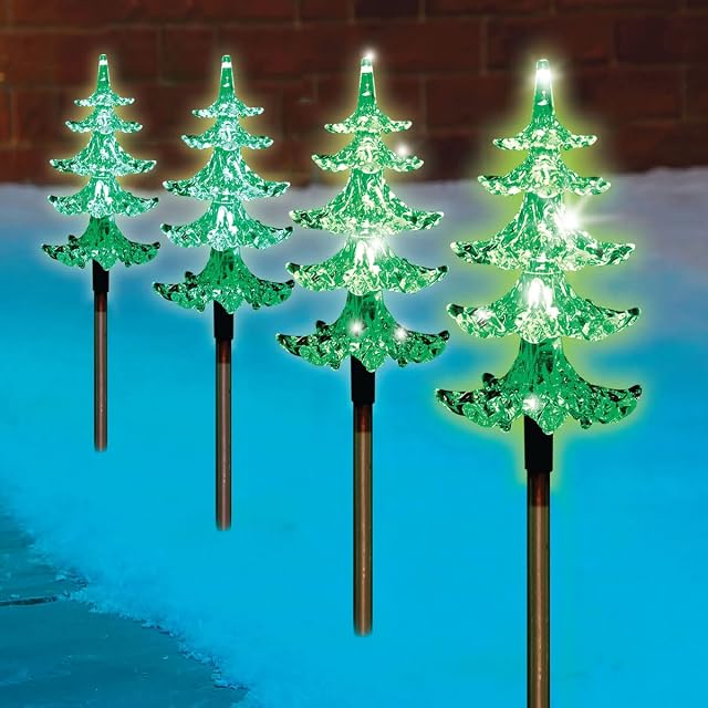 Almineez 4 x Crystal Christmas Tree Pre-Lit Green LED Pathway Lights Garden Indoor Outdoor Path Stake Lights Xmas Decorations - Pathfinder Festive Lights with 6 Hour Timer