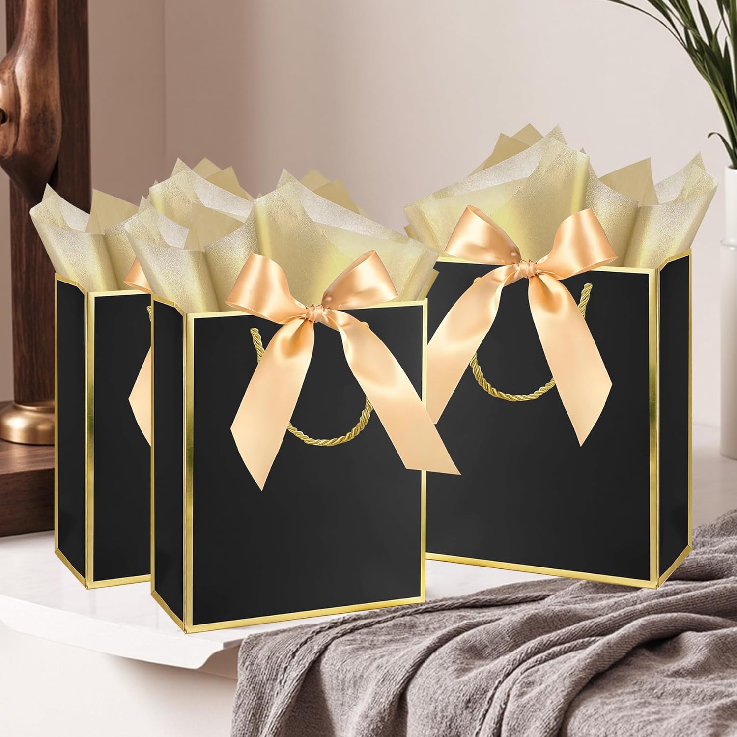 GEGIBOA Gift Bags 3 Pcs Medium Size Paper Gift Bags with Tissue Paper and Handles,Bow Ribbon and Greeting Cards, 8" x 5" x 10", Black - Image 6