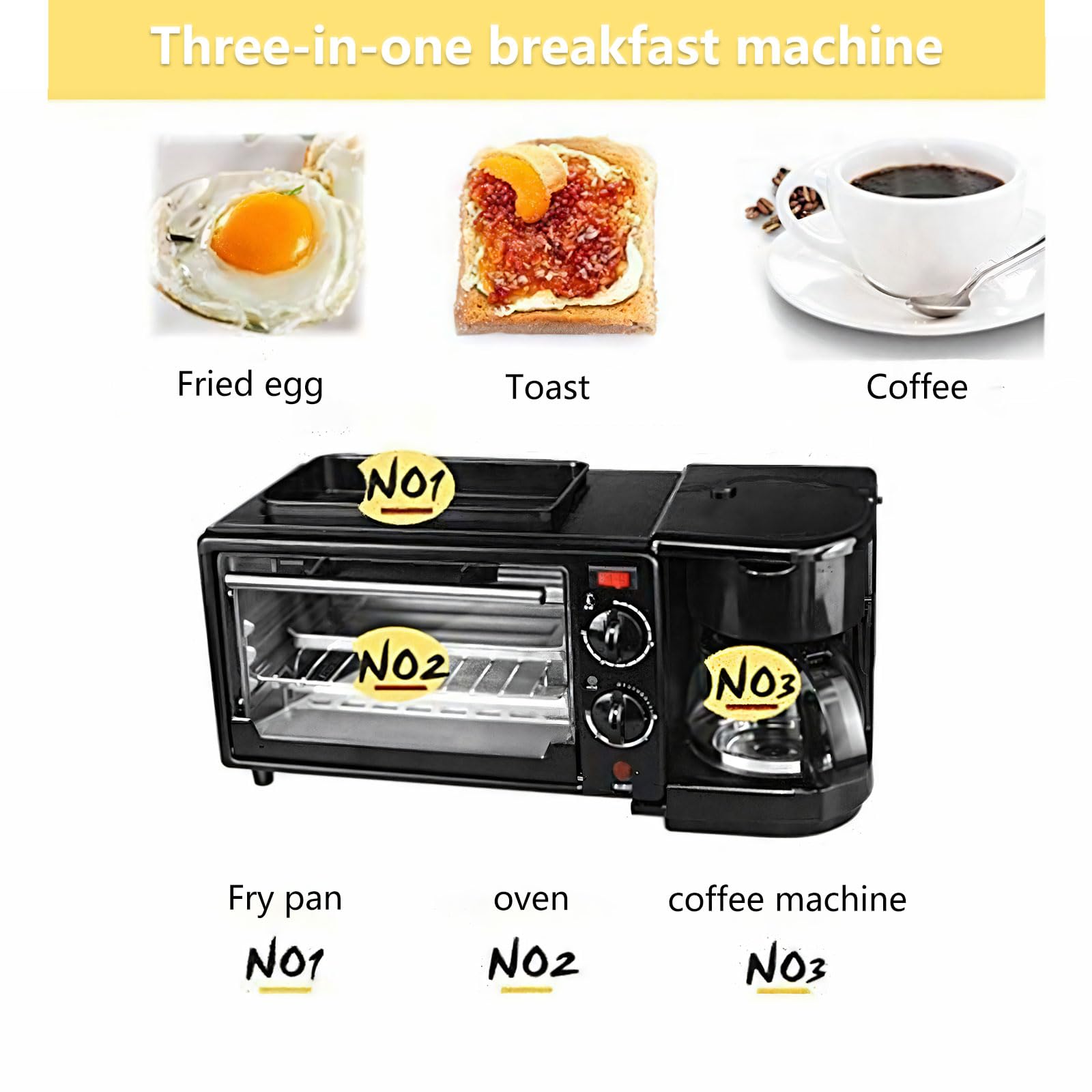Stazione per la colazione a tre in uno, che combina forno, caffettiera e padella in una cucina domestica compatta essenziale. Dispositi di rivestimento antiaderente e design regolabile