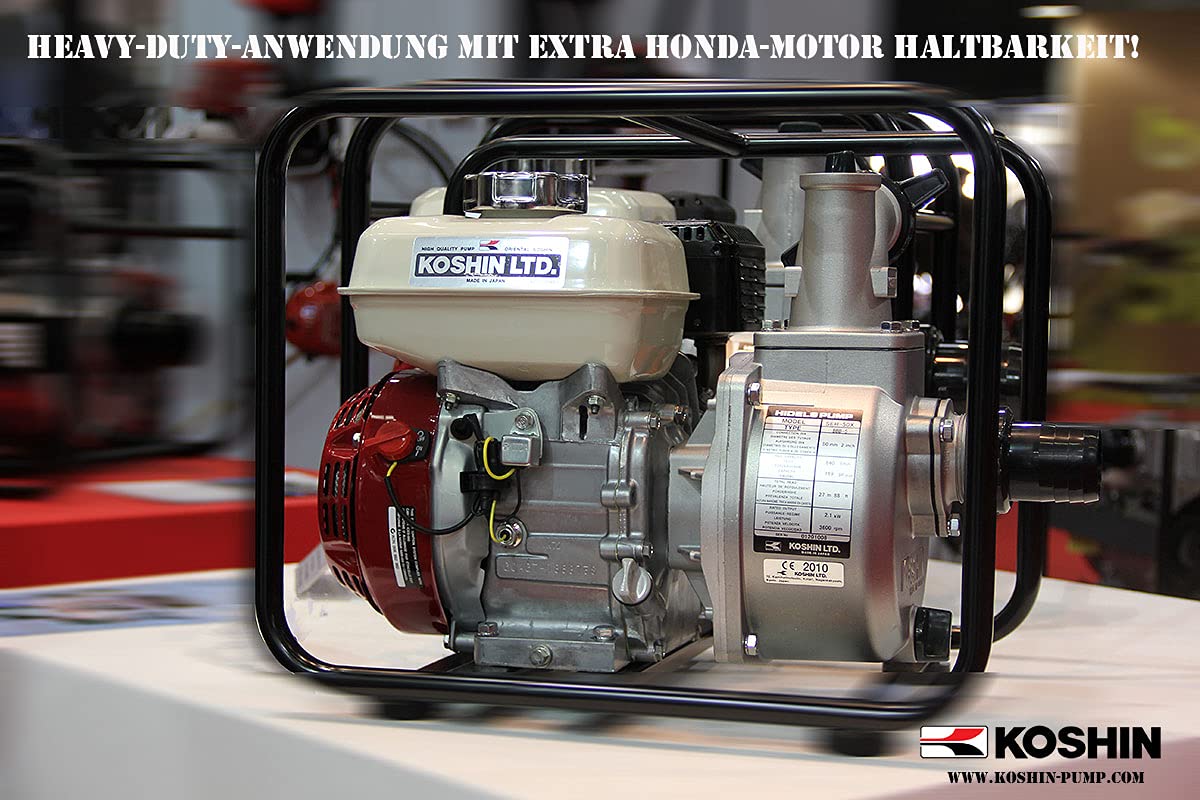 KOSHIN Benzin-Wasserpumpe 2" (50 mm) SEH-50X – Original Made in Japan mit Honda GX120 Motor – 600 l/min, 27m Förderhöhe – Hocheffiziente Motorpumpe für Garten, Landwirtschaft & Brauchwasser