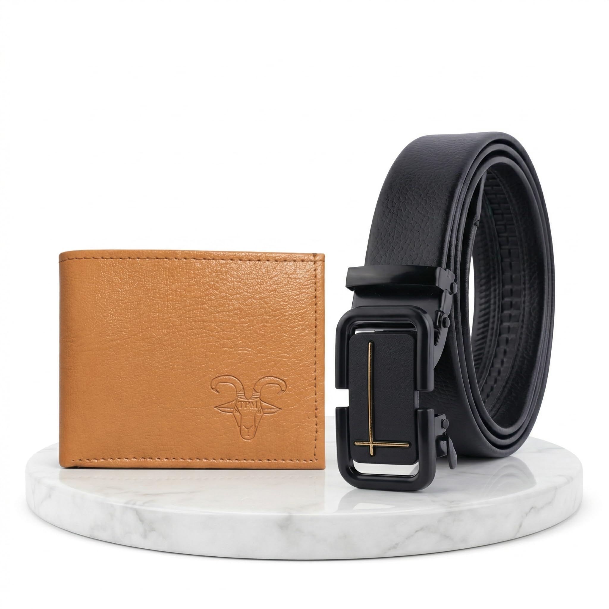 Men Sleek Black Artificial Leather Belt with Minimalist Gold-Line Buckle & Tan Wallet-image-29