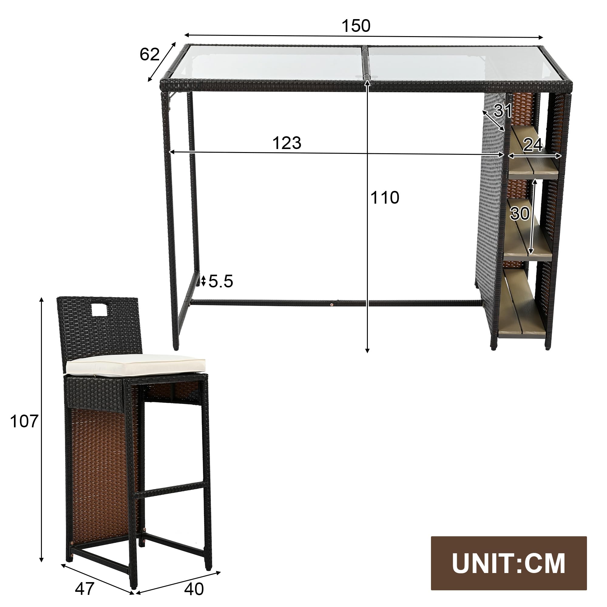 Merax Ensemble bar jardin 7 pièces 6 tabourets hautes polyrotin noir marron foncé