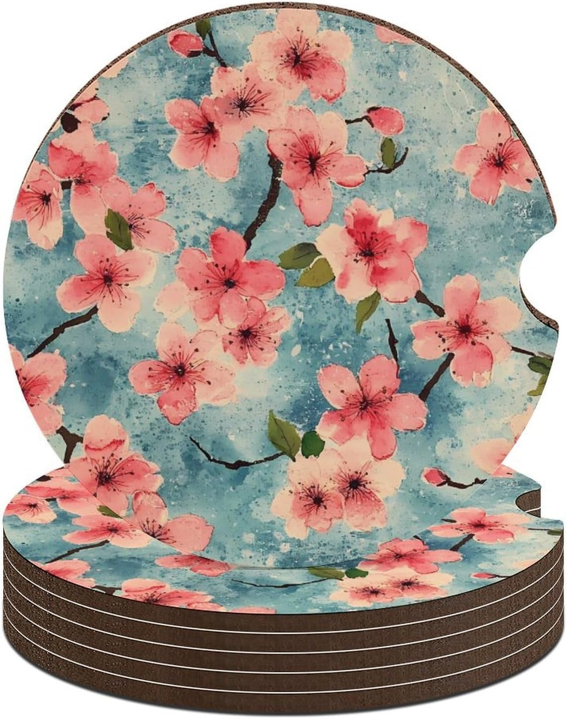 Cherry1 Watercolor Blossoming Cute Car Coasters 2.56 Inch Absorbent Cup Holder for Drinks Auto Interior Accessories