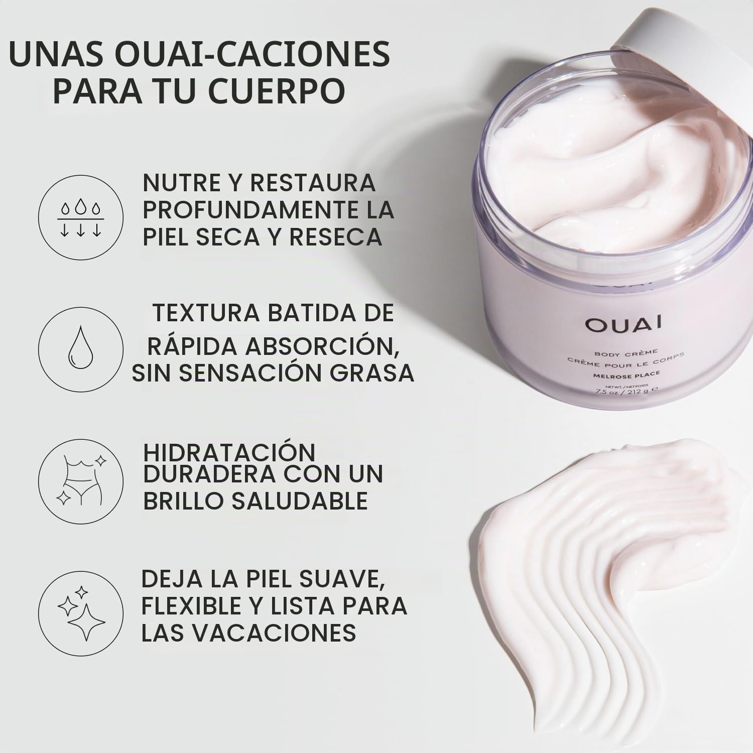 OUAI Body Cream Melrose Place – Crema corporal hidratante con mantequilla de cupuaçu, aceite de coco y escualano – suaviza la piel y da brillo, sin sulfatos, 212 g