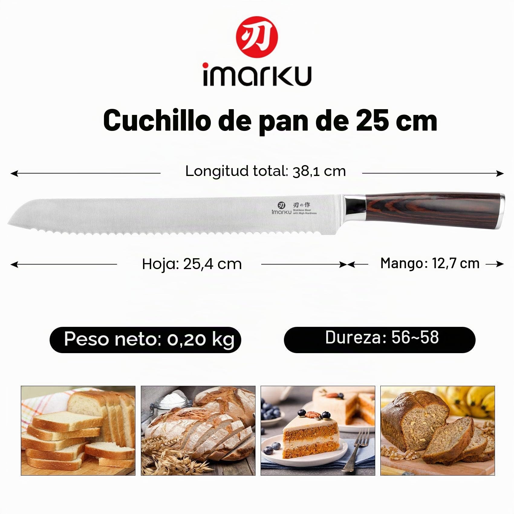imarku Cuchillo Pan - Cuchillo Panero Profesional 25cm - Cuchillo Cocina Serrada Súper Afilado Acero Inoxidable con Mango Ergonómico - Cuchillo Sierra para Cortar Panes Caseros, Rosquillas