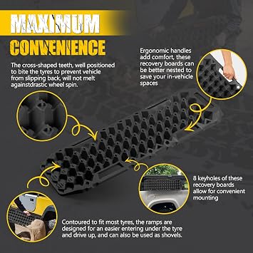 BUNKER INDUST Off-Road Traction Boards with Jack Lift Base,2 Pcs Multifunctional Recovery Track Ramp Traction Mat for 4WD UTV SUV Truck-Mud, Sand, Snow Tire Traction Devices Black with Carry Bag