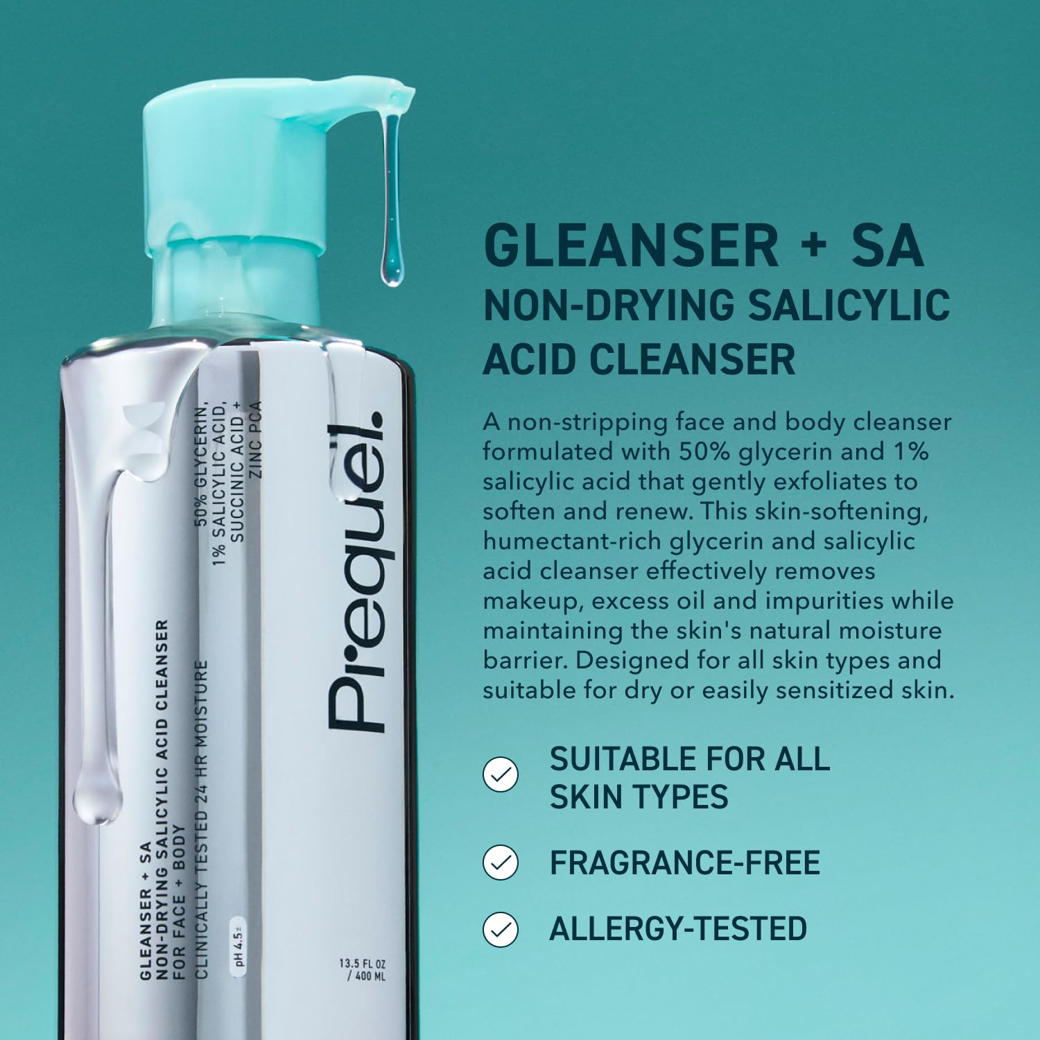Prequel Skin Gleanser SA, Moisturizing Glycerin Face Wash,1% Salicylic Acid Face Cleanser, Unscented and Combination Skin Face Soap, 13.5 fluid ounce (Pack of 2) - Image 2