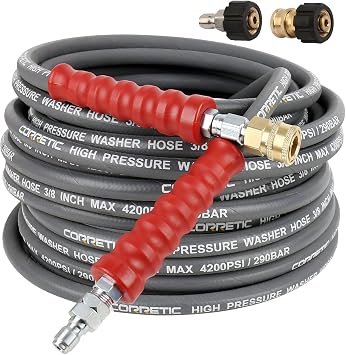 3/8" Pressure Washer Hose for Cold and Hot Water, 4200psi Power Washer Hose with Kink Free Swivel Quick Connect, Steel Wire Braided & Synthetic Rubber Jacket, 2 M22 14mm Adapter Set, 50FT