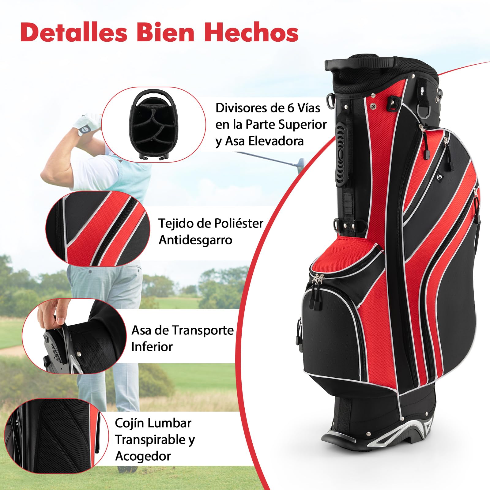 COSTWAY Bolsa de golf, Bolsa de Palos de Golf con 5 Divisores, 7 Bolsillos con Cremallera, Paragüero, Bolsa de Golf Ligera y Portátil con Correa para el Hombro (rojo)