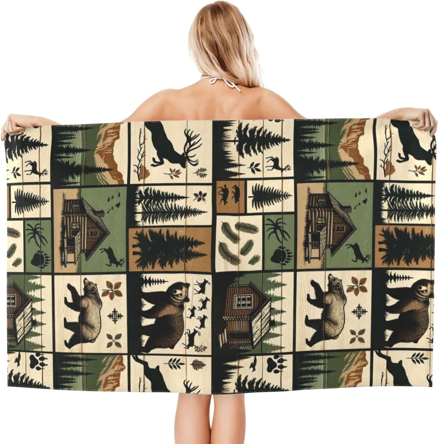 Retro Bear Beach Towel, 32x52in Microfiber Quick Dry Woodland Pine Tree Rustic Cabin Lodge Vintage Bath Towels, Soft Lightweight Oversized Sand Free, for Travel Pool Swimming Gym Decor, Gifts