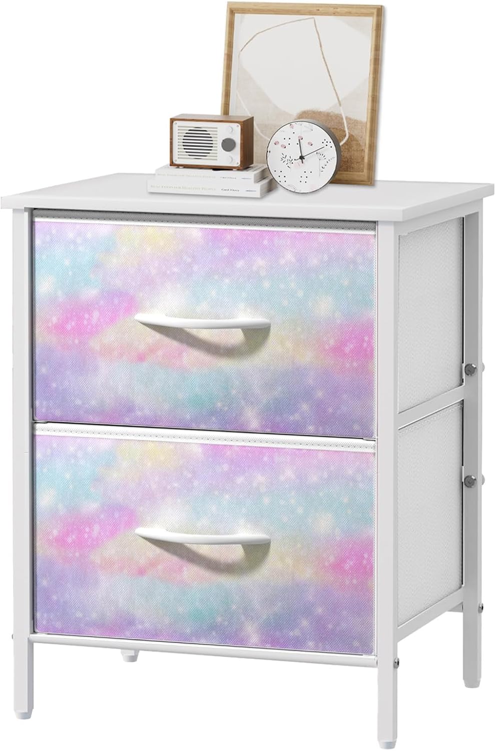 Stero Nightstand, Kids Dresser with 2 Drawers, Steel Frame Bedside Furniture, Wood Top Fabric Night Stand, Colorful End Table for Home, Bedroom, Office, Tie-dye Purple