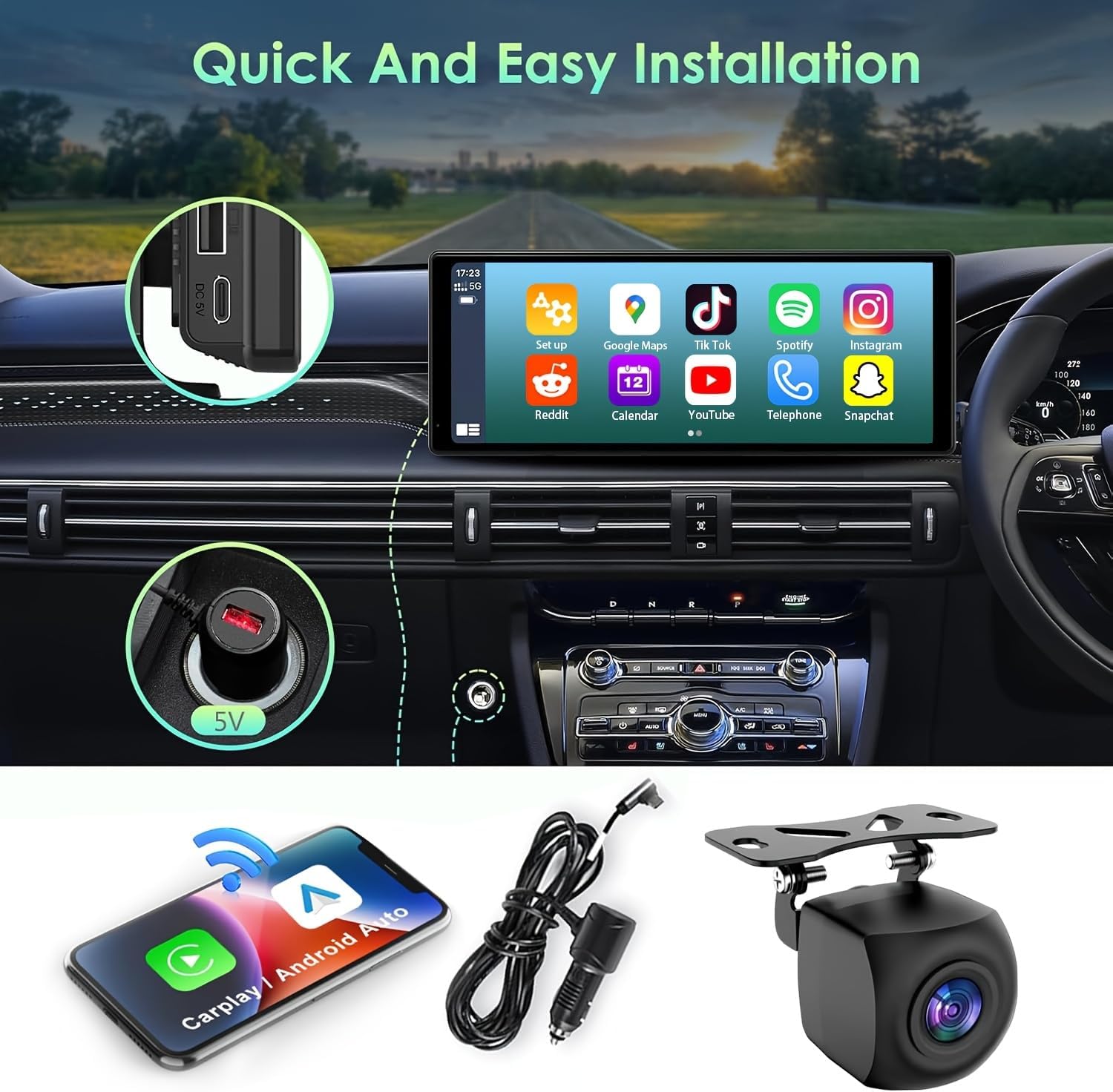 10.26'' Wireless Carplay Screen for Car with 1080P Backup Camera, Portable Car Audio Receivers with Carplay & Android Auto, GPS Navigation, Airplay, Mirror Link,Voice Control