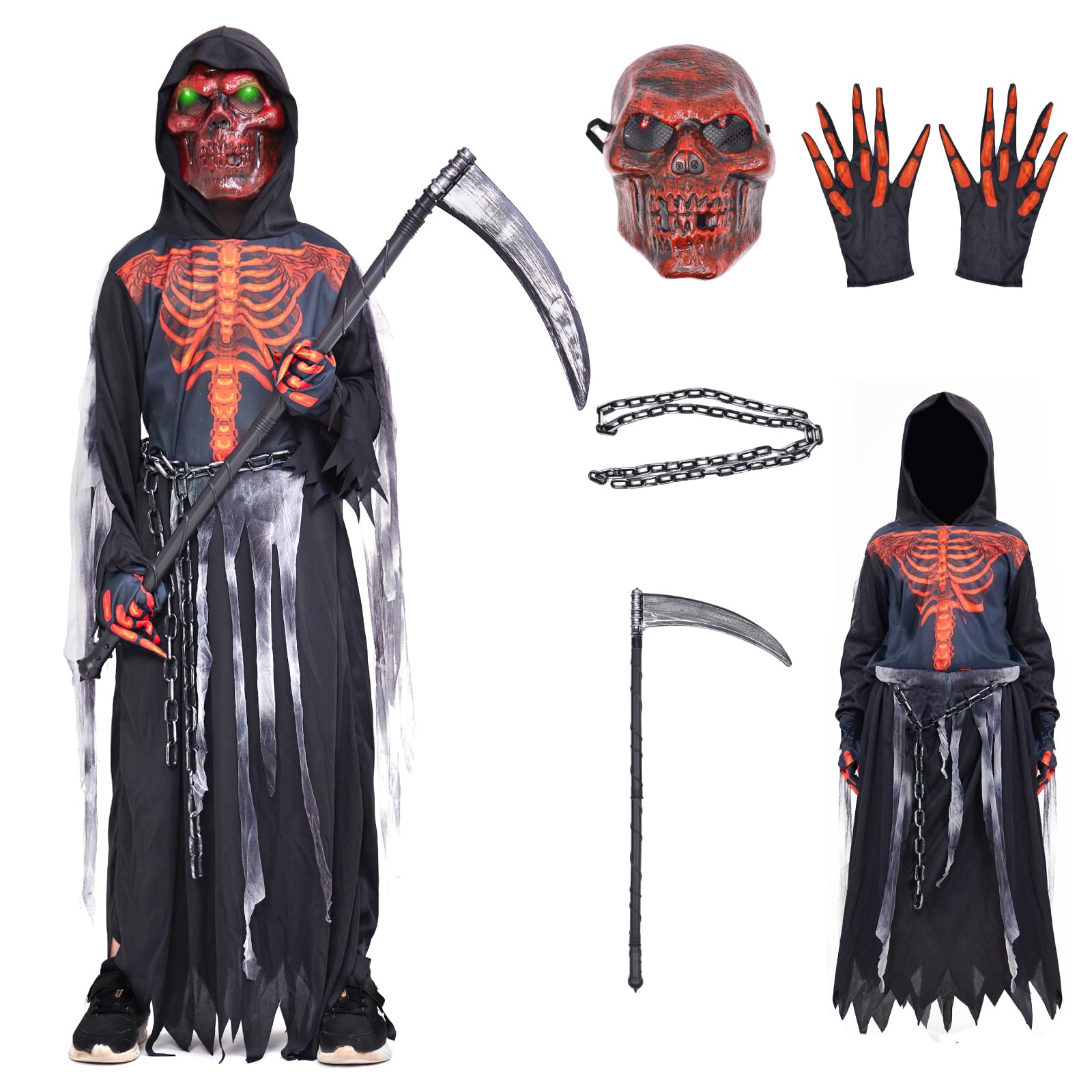 ZUCOS Sensemann Disfraz de guadaña con máscara de cráneo, guantes, unisex, disfraz de Grim Reaper, para decoración de fiestas de Halloween