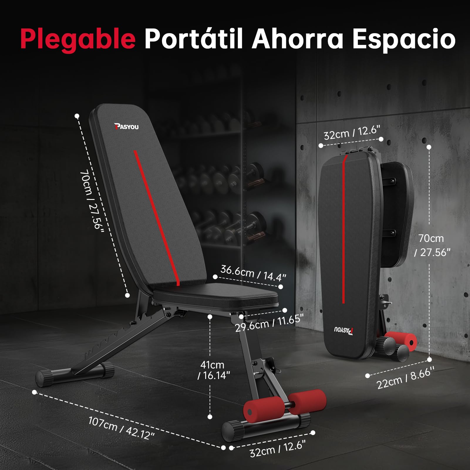 PASYOU Banco Musculación Plegable 10 Posiciones Ajustables 90° Vertical Multifuncional Banco de Pesas para Entrenamiento de Cuerpo Completo Banco Abdominales