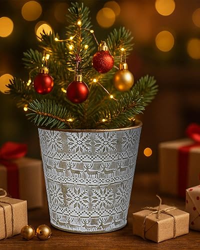 Miniatura 5 de Cubos de metal galvanizado blanco de Navidad, 4 macetas rústicas de hojalata con orificio de drenaje y enchufe, regalo de Navidad, maceta vintage