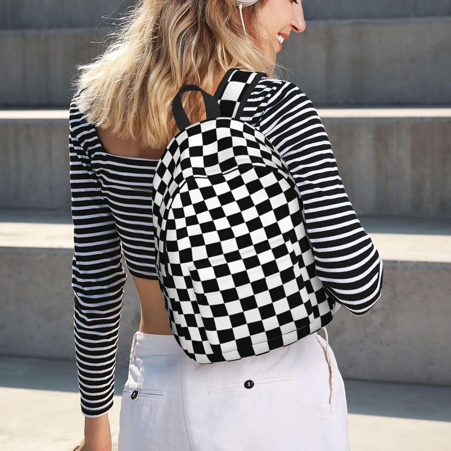 Black And White Simple Checkered Backpack for Girls Boys Women Lightweight Canvas Bookbag Casual Daypack for Travel Outdoor Camping, 15 Inch