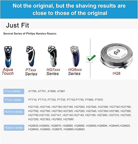 Miniatura 2 de HQ8 Cabezales de repuesto para afeitadoras Philips Norelco Aquatec, cuchillas HQ8 para cabezales Philips Norelco PT720 AT880 AT810, paquete de 3