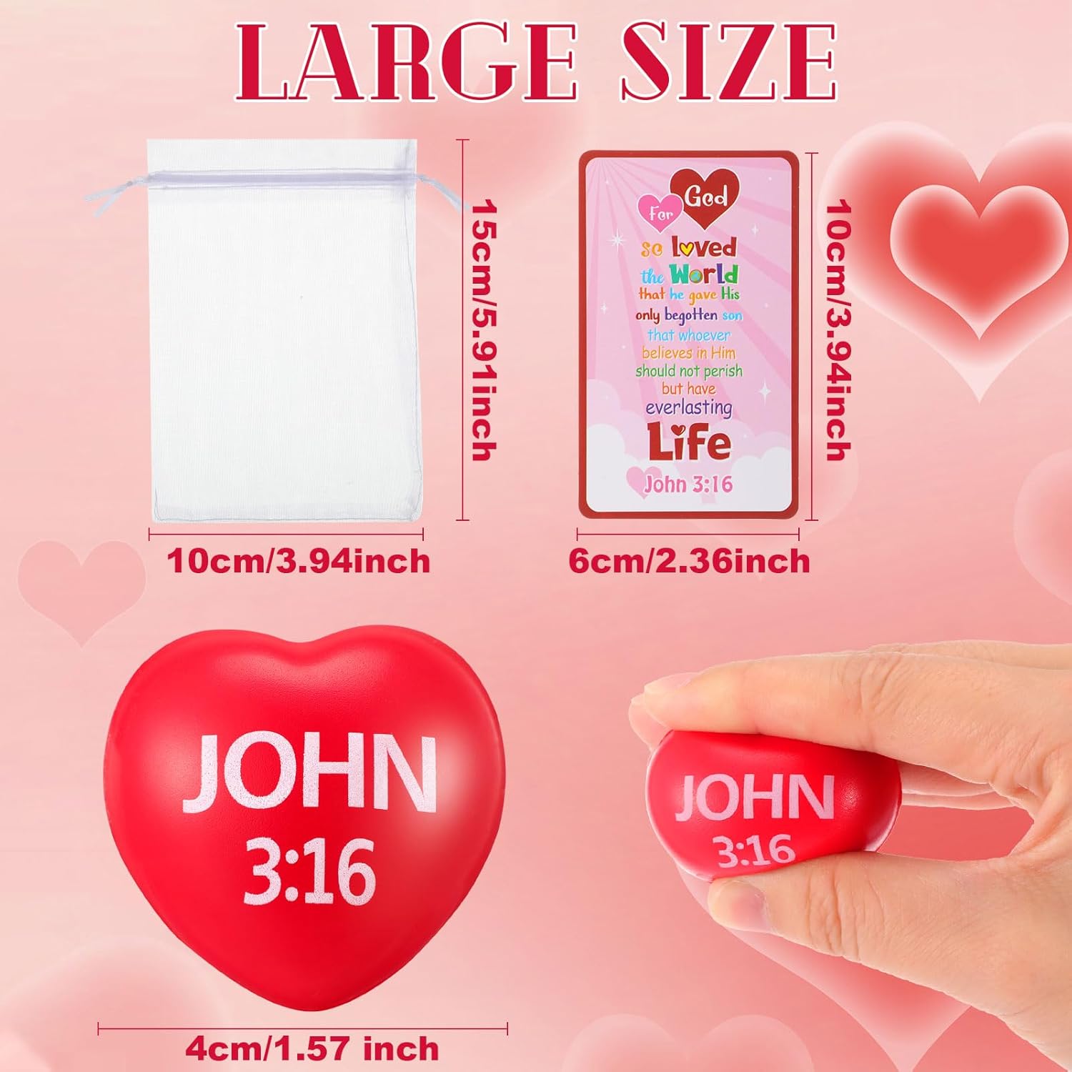 Zubebe 48 Sets VBS Christian Gifts for Kid Christian Heart Stress Ball with Religious Cards John 3: 16 Squeeze Toys for Classroom Exchange Gift Jesus Catholic Church Party Favor