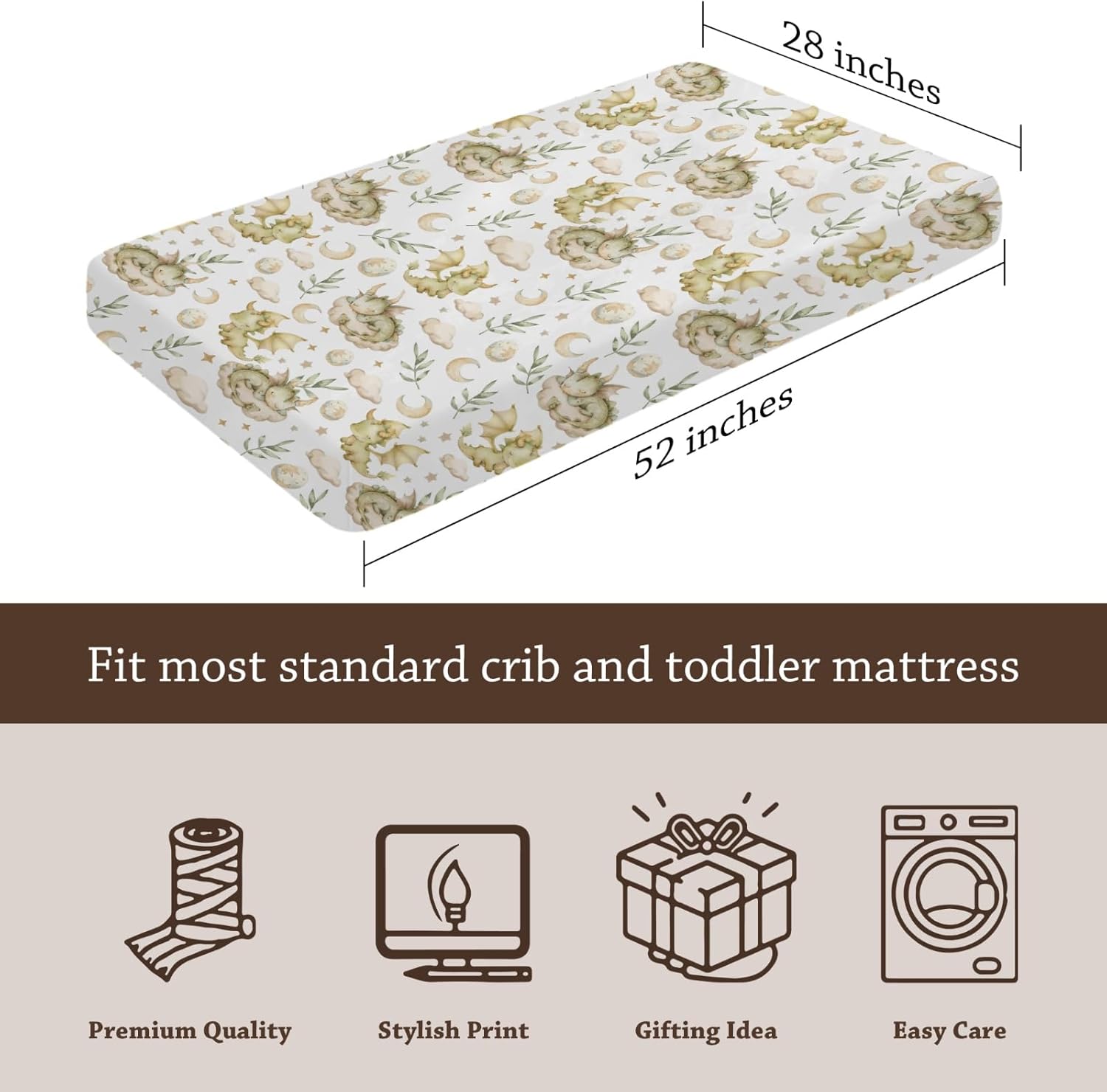 Dragon Clouds Moon Stars Eggs Pattern Baby Sheets for Crib, Unisex Cute Dragons Theme Nursery Fitted Bed Sheet for Boys Girls Standard Crib and Toddler Mattress-28x52