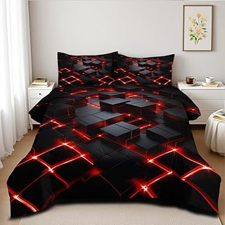 Red Black Geometric Comforter Set Queen Size 3D Stereoscopic Square Bedd...