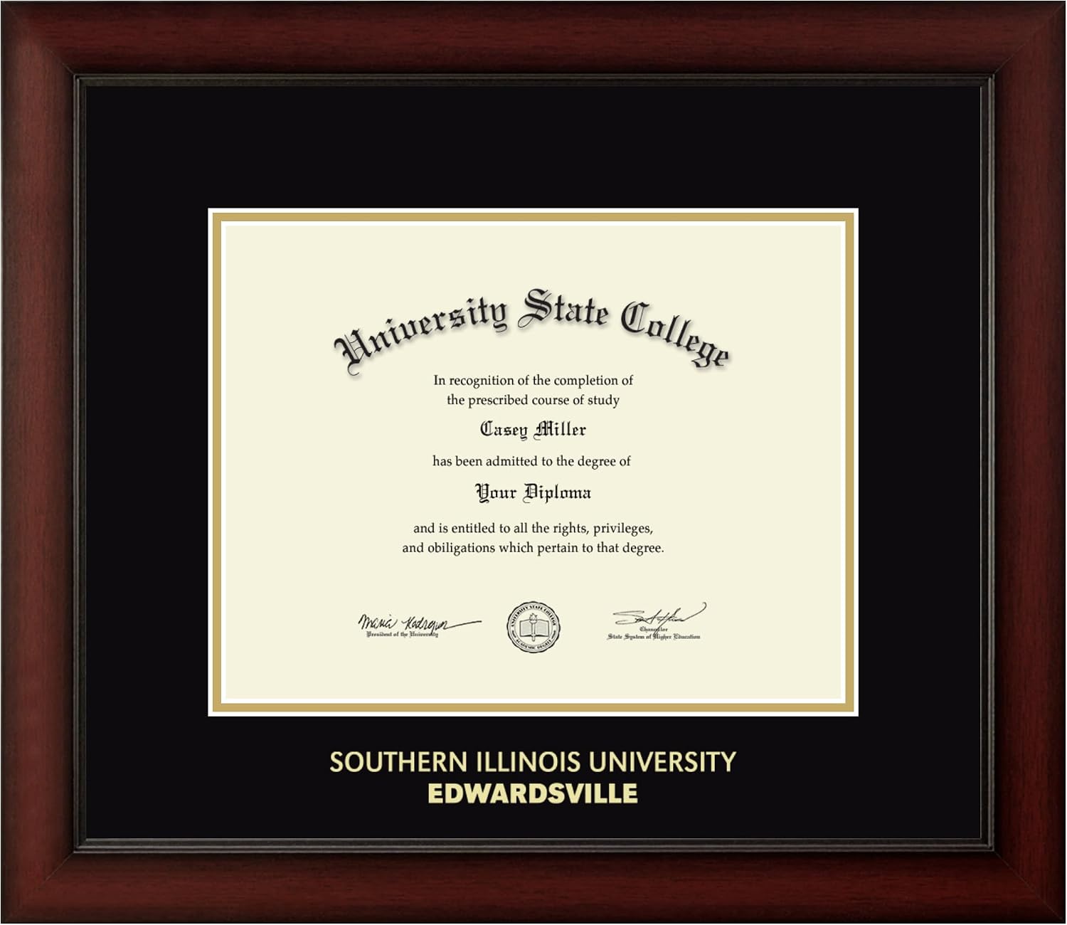 Southern Illinois University At Edwardsville 11" w x 8.5" h Diploma Frame - Fits a bachelor's and master's - Gold Embossed Diploma Frame - Cherry Moulding with Black and Gold Matting