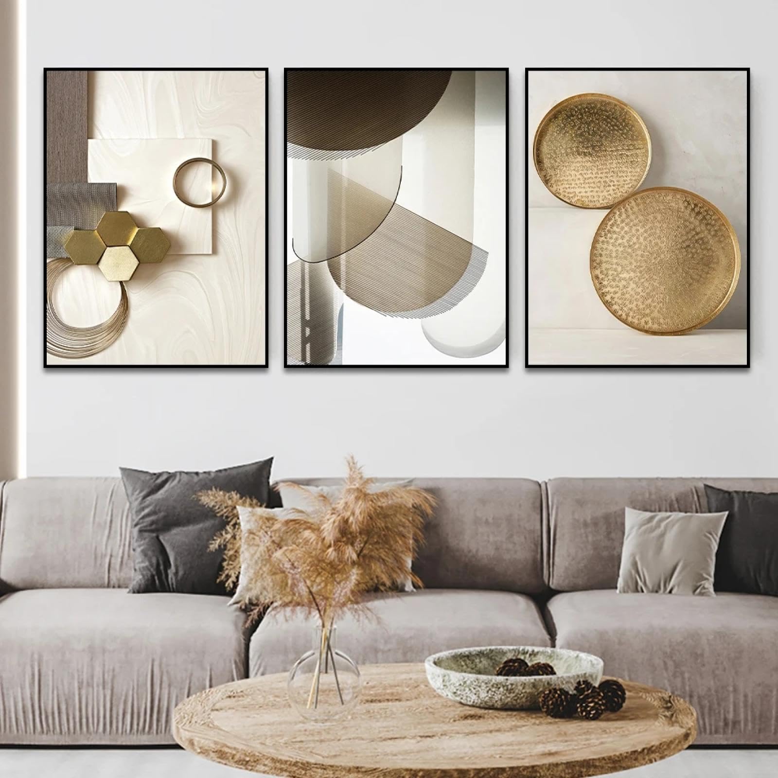 HIPWST Bezramkowy abstrakcyjny beżowy i złoty geometryczny plakat nowoczesna sztuka ścienna obrazy minimalistyczny obraz na płótnie do salonu 60 x 80 cm x 3 bez ramy
