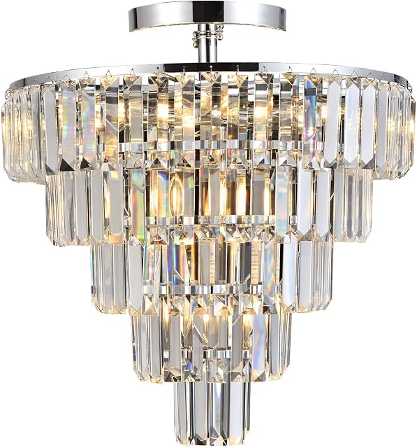 GLANZHAUS Crystal Chandelier,50cm Chrome Round Top Chandelier Semi Flush Mount Ceiling Light,10 Lights 5-Tier Crystal Pendant Ceiling Lighting Fixture for Living Room Bedroom Dining Room