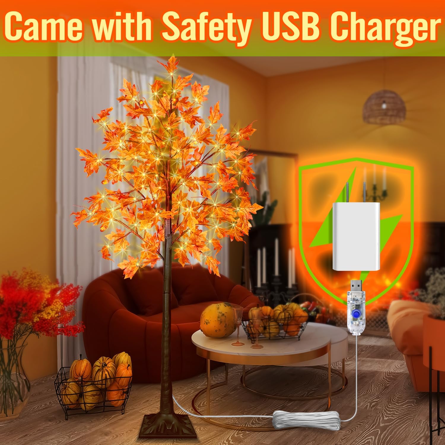 5FT LED Lighted Maple Tree, Fall Tree with LED Lights, LED Maple Tree for Fall&Thanksgiving Decor, Prelit Maple Tree with Timer for Home Decor.