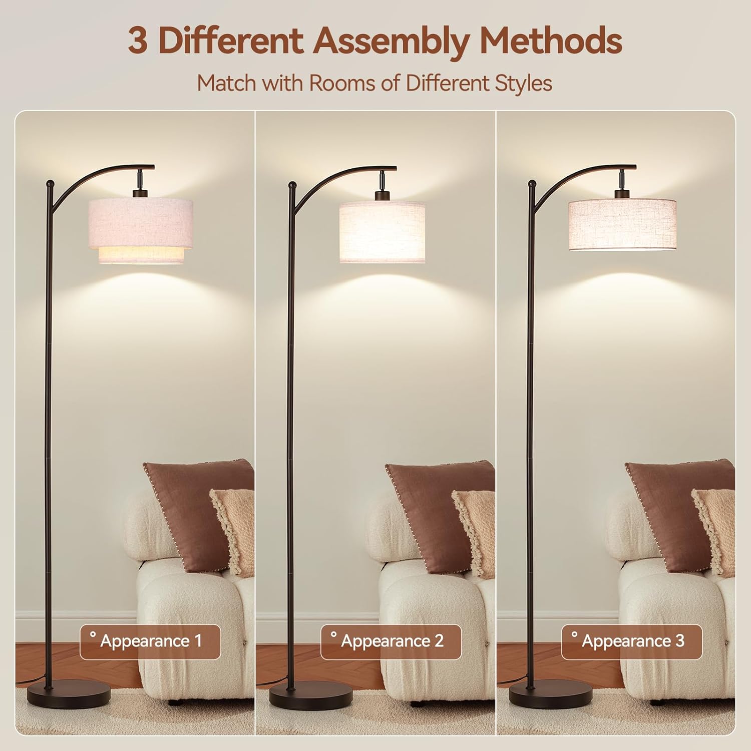 SUNMORY Floor Lamps for Living Room, Arc Floor Lamp with 12W 3 Color Temperatures LED Bulb, Modern Floor Lamps with Adjustable Double Fabric Shades, Tall Standing Lamp for Bedroom, Corner