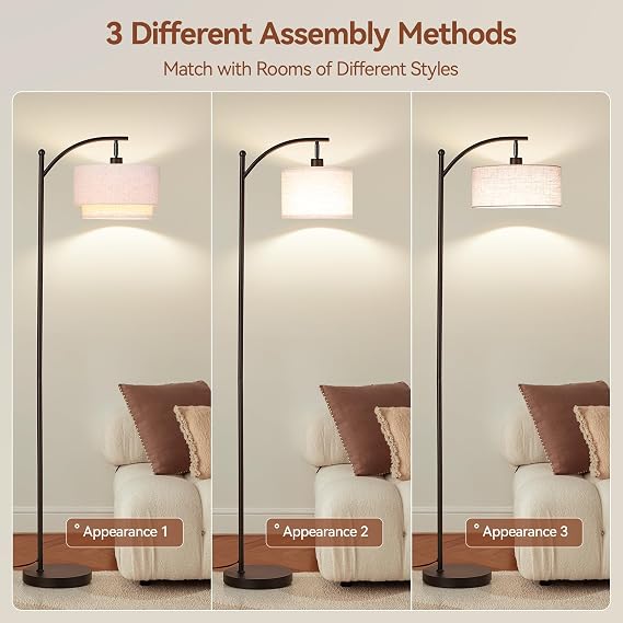 SUNMORY Floor Lamps for Living Room, Arc Floor Lamp with 12W 3 Color Temperatures LED Bulb, Modern Floor Lamps with Adjustable Double Fabric Shades, Tall Standing Lamp for Bedroom, Corner