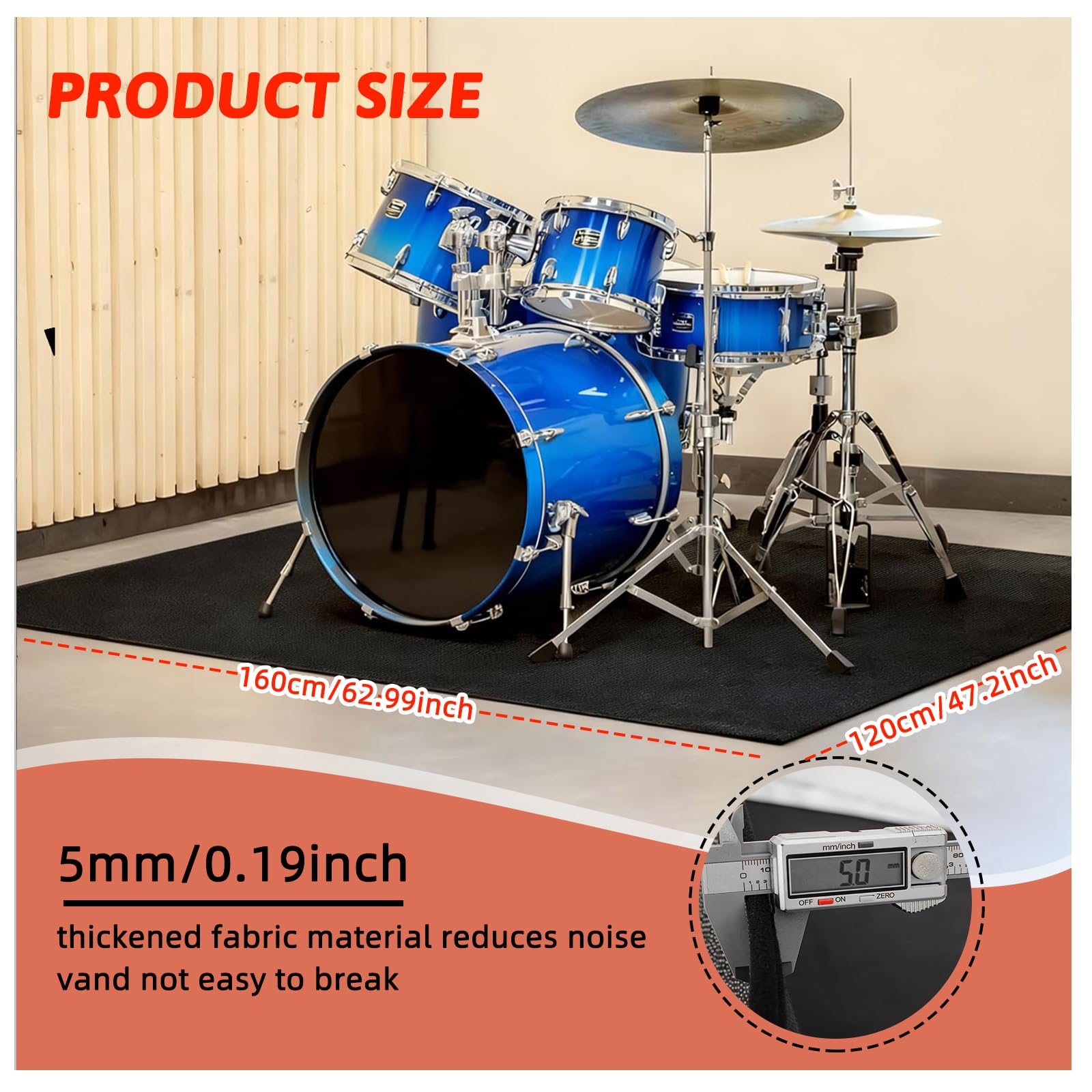 Tappeto antiscivolo per batteria, 120 x 160 cm, insonorizzato, per batteria elettronica/jazz, pedali per basso, protezione del pavimento, accessori per batteria