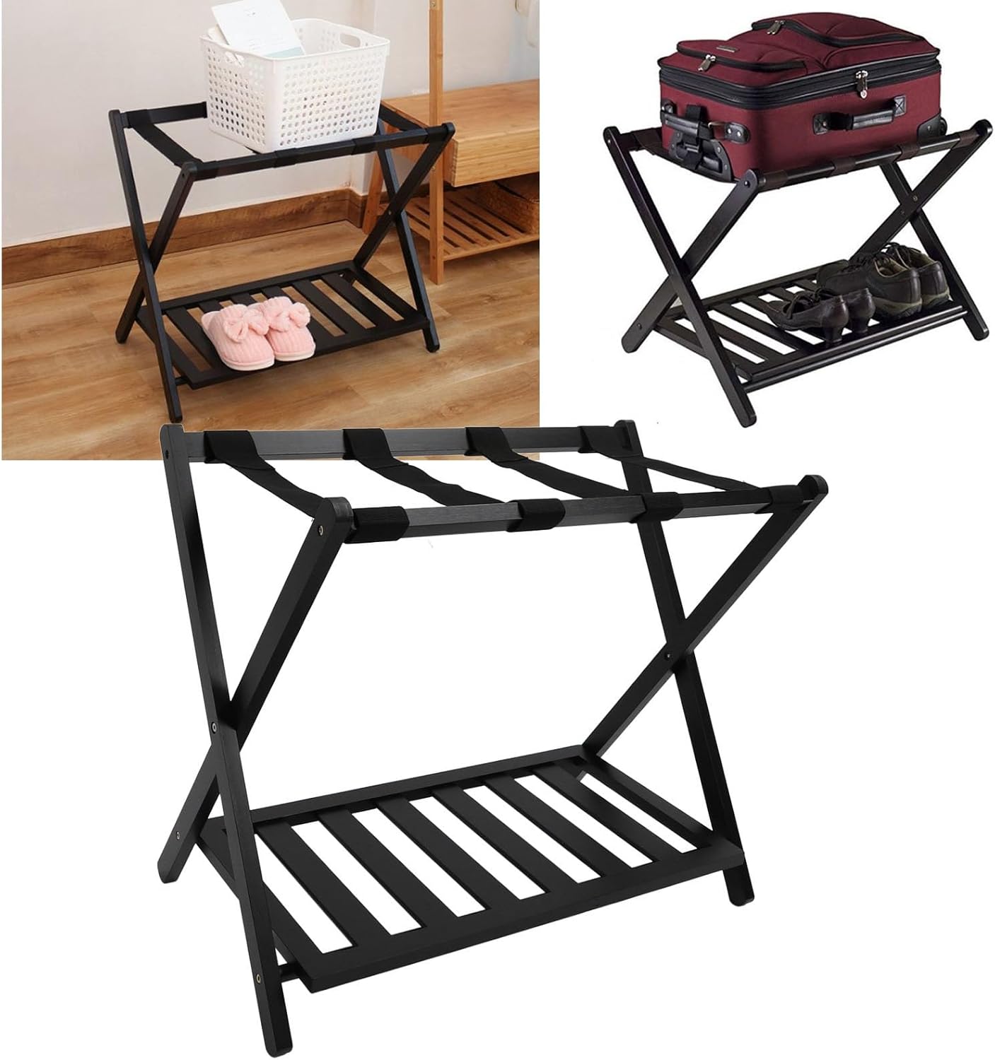 Luqeeg Luggage Rack with Reinforced Strap Double Layer Storage Layers Wooden Extra Wide Top Strong Load Bearing Suitcase Stand for Guest Room Bedroom Hotel Travel Foldable