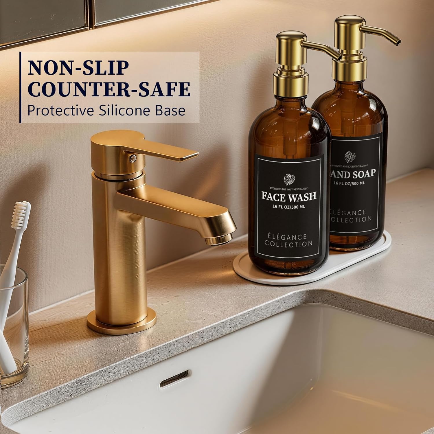 Amber Glass Soap Dispenser Set of 2, 16oz Hand and Dish Soap Dispenser for Kitchen & Bathroom, Gold Stainless Steel Pump, Non-Slip Base, 14 Waterproof Labels, Organic Decor