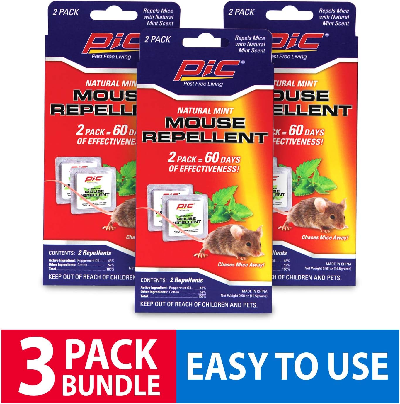 PIC Natural Mint Mouse Repellent (6-Pack), Effective Rodent Control Solution, Non-Toxic Mouse Deterrent, Mint Scented Mice Repellent, 180 Day Supply of Rodent Repellent for Cars & Homes, Rat Repellent