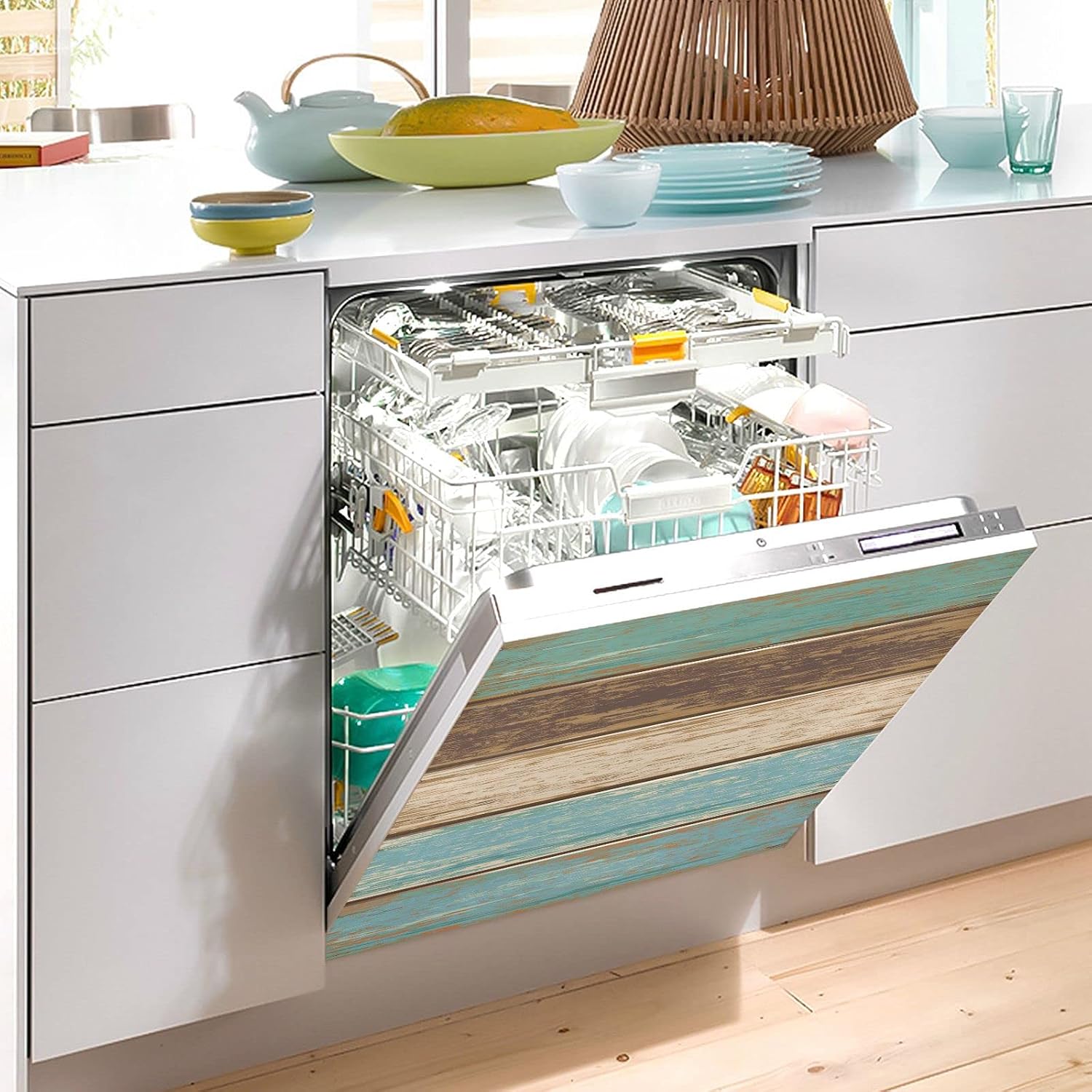 Teal Green Brown Wood Texture Dishwasher Magnet Cover, Dishwasher Magnetic Stickers Panel Decal for Home Kitchen Decorative Fridge Wash Machine 23" W x 26" H
