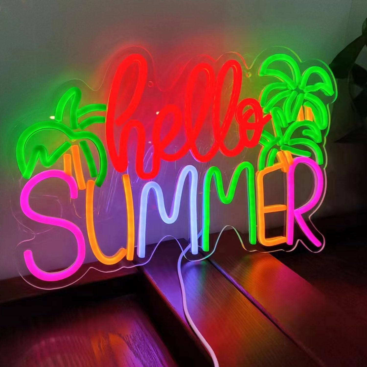 Large Hello Summer Neon Signs Powered by USB,Led Acrylic Dimmable and Reusable Neon Summer Bar Beer Light with a Hanging Chain for Bedroom Living Room Men Cave Bar Hotel Restaurant Office