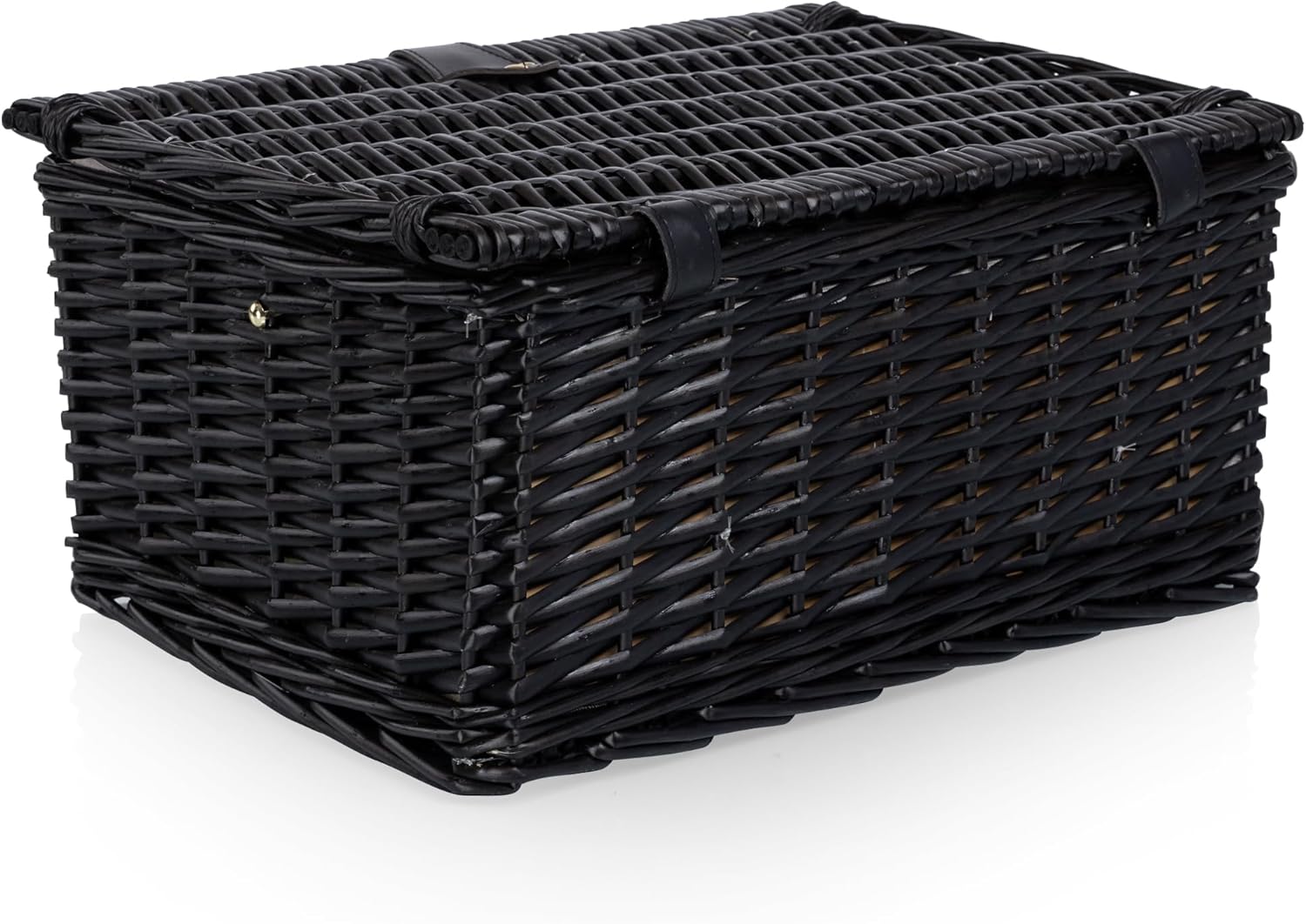 PICNIC TIME Classic Picnic Basket for 2, Romantic English-Style Wooden Wicker Basket with Deluxe Service for 2, Fully-lined Interior, Leatherette Lid-locking Buckle, and Carry Handle, (Black Willow)