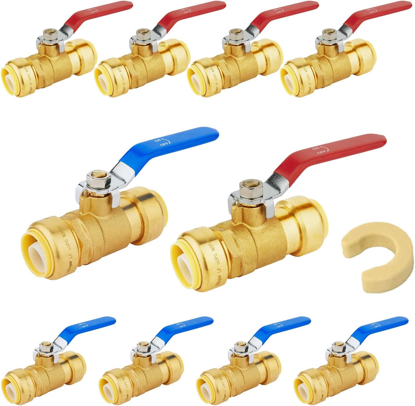 10-Pack Foskan 3/4" Push Fit Full Port Ball Valve with Disconnect clip, Brass Push-to-Connect Shut-off Valve for Hot and Cold Water Application(Blue and Red)