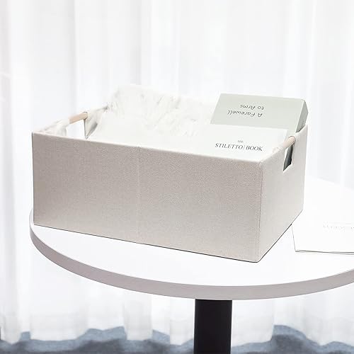 Miniatura 8 de LaMorée Caja de almacenamiento de tela plegable de algodón y lino con asas de madera, cubo rectangular, decorativo, para el hogar, cuarto del bebé,