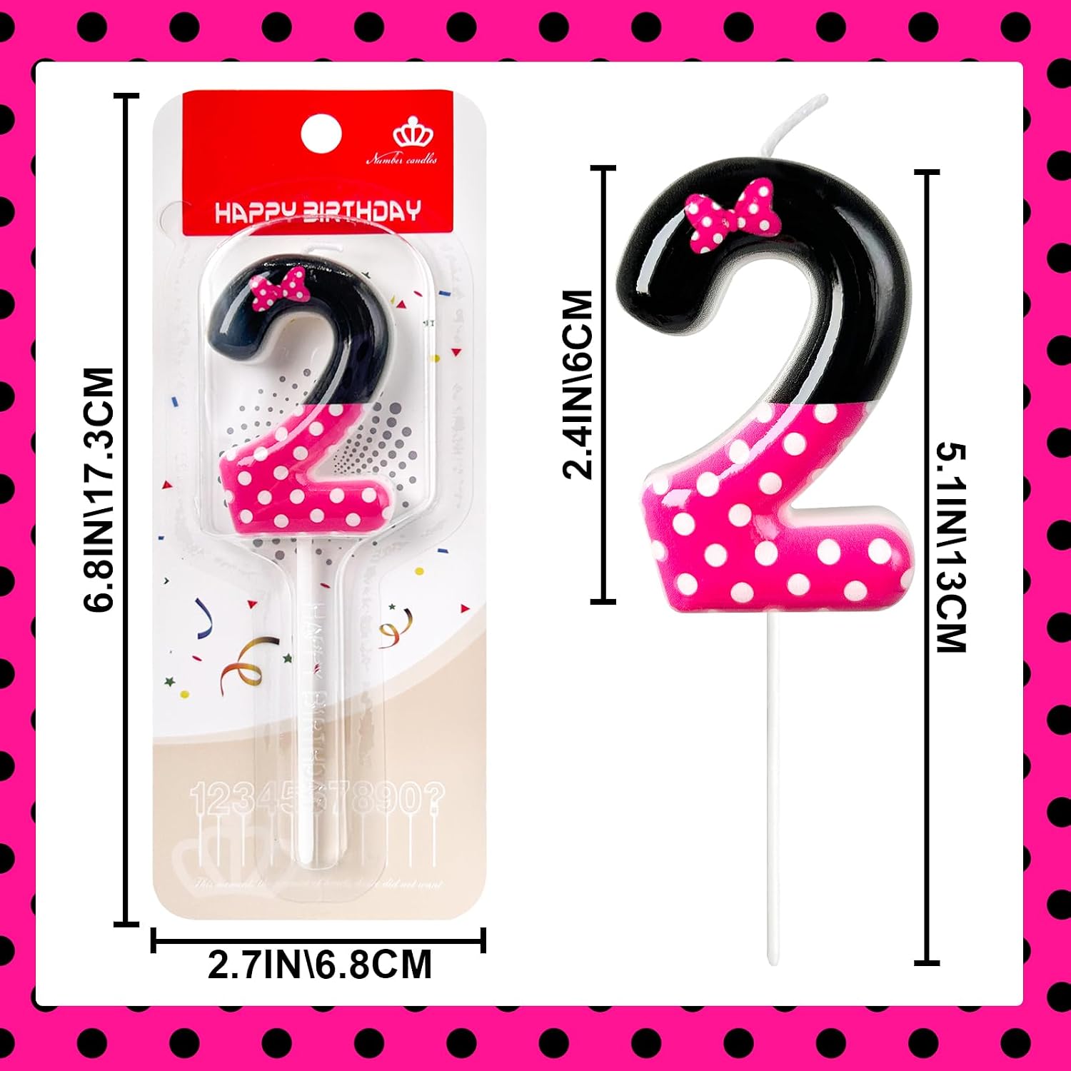 2nd Pink Black Birthday Candles for Girls，Number Birthday Decorations for Girls，Pink Mouse Cake Topper Cupcake Decor，Cartoon Themed Birthday Party Decorations Supplies