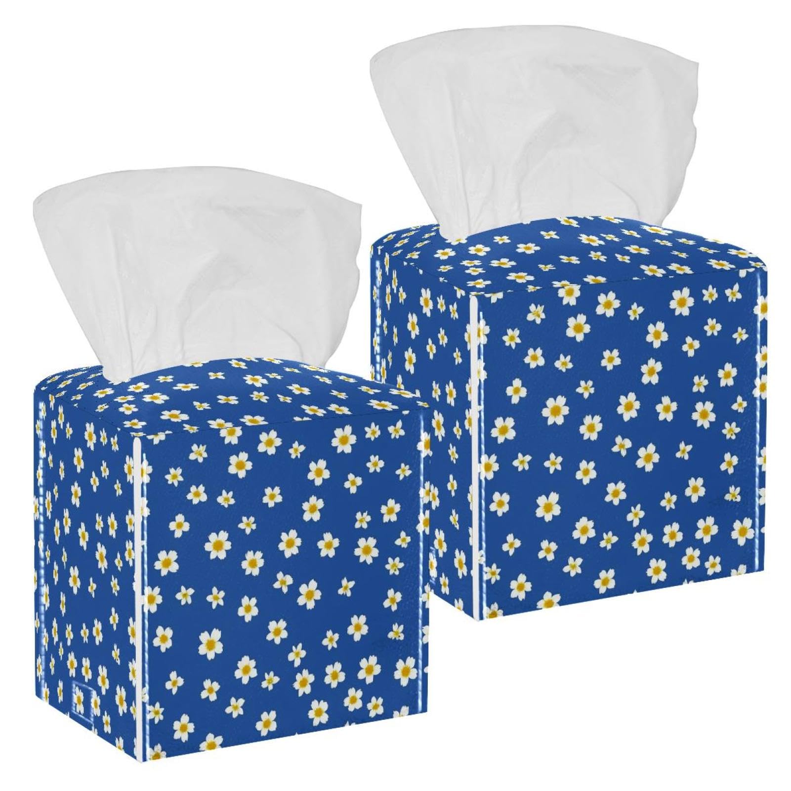 Daisy Tissue Box Cover, 2 Pack PU Leather Square Facial Tissue Dispenser Box holder for Home Office Car