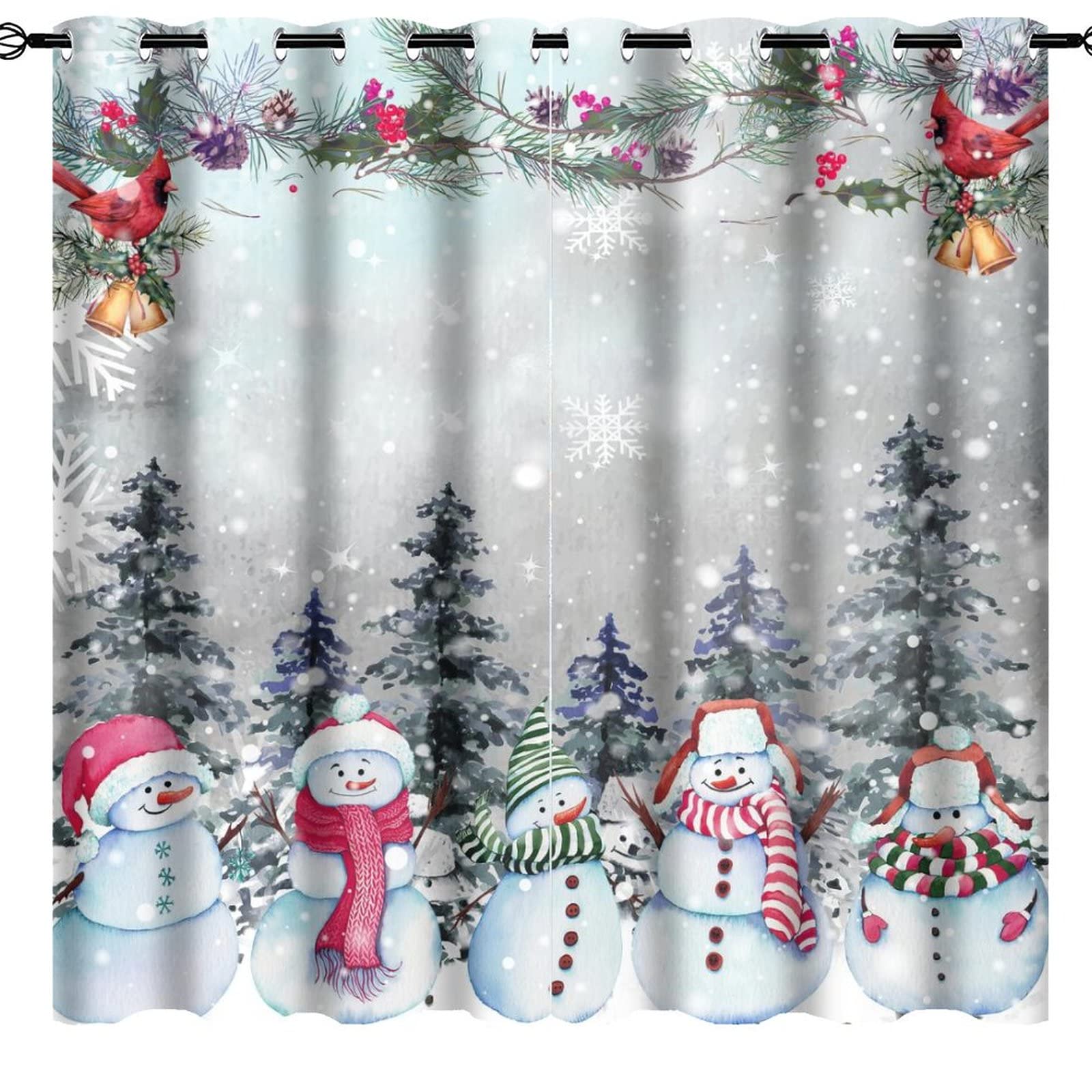 Kazynee Snowy Birds Ultra Soft Premier Blackout Curtains,Cartoon Winter Forest Merry Christmas Snowman Bells Thermal Insulated Noise Reducing Grommet Top,2 Panels 63L x 31.5W
