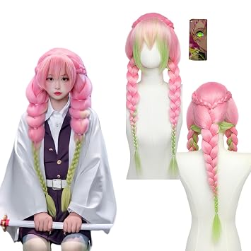 Mitsuri Cosplay Wig Enhanced Thickness 3Tailed Braid Dual Tone Pink Green Bangs Anime Cosplay Wig with Hair net Pink