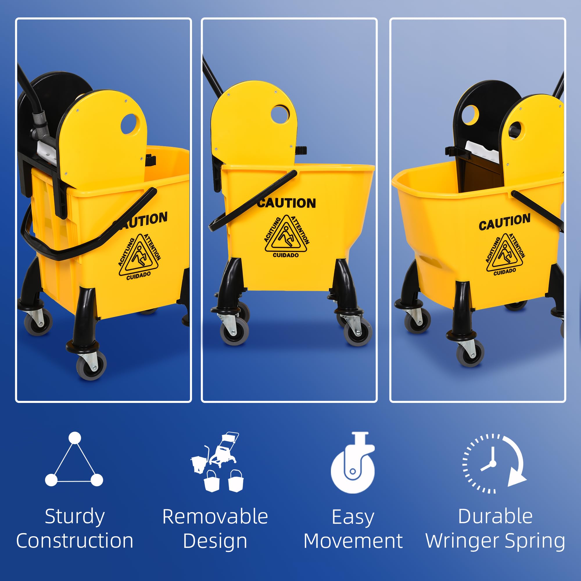 HOMCOM - Carro de limpieza, carrito de limpieza profesional con cubo, capacidad de 26L con escurridor, carro de mantenimiento, 44 x 36 x 90 cm, amarillo